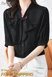 Women V-Neck Short Chiffon Shirt Womens Solid Basics 2023 Summer Fashion Ladies Tops Elegant Blouses Bow OL Womens