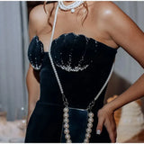 Black Rhinestone Shell Velvet Mini Dress-Outfit
