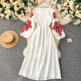 Embroidery Flowers Round Collar Lantern Sleeves Wrinkled Loose Show Thin Dress Women-Outfit