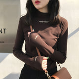 Fongt Spring 2024 Half Turtleneck Jacket Bottom Shirt Women's Letters Embroidered Slim Students Solid Color And Velvet Long Sleeve T-Shirt