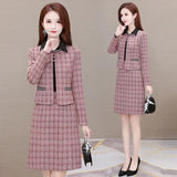 Plaid 2 Piece Dress Sets Spring Fall Elegant Long Sleeve Cropped Jacket Slim Ol Lapel Dresses Suits Oversize 4xl