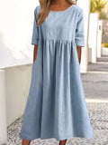 Fongt Cotton-Sleeved Short-Sleeved Pocket Folded Loose Round-Neck Dress In Summer