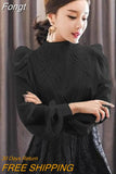 Autumn Korean Style Chiffon Shirt Chic Elegant Multi-layer Pleated Stand Collar Blouse Women Puff Sleeve Sunscreen Top