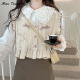 Kawaii Knitted Sweater Vest Women Japanese Style Sweet Patchwork Pullover Vest Female Korean Fashion Bow Knitwear 2023