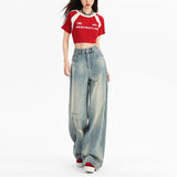Fongt Ripped Jeans Women 2024 Summer Thin, High Waist, Slim, Straight, Wide Leg Pants-Outfit