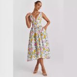 Fongt Summer New Body-Body Sling Dress Fashion Print V-Neck Temperament Dress