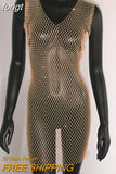 Sale Fishnet Bling Crystal Diamonds Dress Grid Sleeveless O Neck Sexy See Through Women Skinny Mini Dresses Night