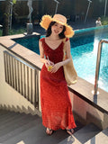 Fongt Xixi 2025 Summer New Korean Version Of High-Waisted Vacation Sling Dress V-Neck Print Pure Desire Skirt 88281