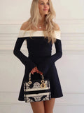 Off-Shoulder Color Block Long Sleeve Mini Dress-Outfit