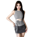 Fongt Summer New Women's Round Collar Sleeveless Hollow Strap Waist Slim Solid Color Small Vest-Outfit