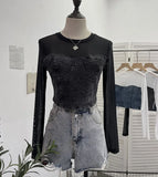 Fashion Fake Two Denim Splicing Mesh Long Sleeve Top Short Open Umbilion T-Shirt