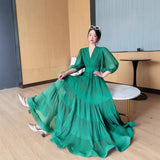 Fongt Seaside New Super Layer V-Neck Waist Temperament Famous 100 Fold Dress Short-Sleeved A-Word Dress Woman