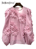 Loose Patchwork Floral Shirt For Women Round Neck Lantern Sleeve Solid Blouses Female Spring Clothes Style New