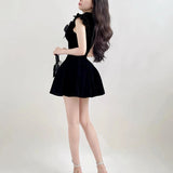 Ruffle Sleeve High Neck Velvet Black Mini Dress-Outfit