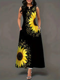 Fongt Sleeveless Dress Female Positioning Print Dress Bohemian Retro Long Dress