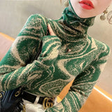 Women's Clothing Vintage Printed Pullovers Casual Turtleneck Autumn Winter Commute Long Sleeve All-match Slim Knitted T-shirt-Outfit