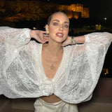 White Sheer Lace Knot Long Sleeve Crop Blouse-Outfit