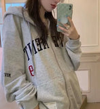 Letter Embroidery Oversized Zip Up Hoodie-Outfit