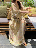 Fongt Casual Retro Loose Long V-Neck Bat Sleeve Niche Dress French Mid-Sleeve A-Dress Girl