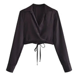 Spring New Women's Clothing Design Versatile Temperament Polo Long-sleeved Slim Silk Satin Texture Short Lace-up