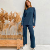 Elegant Soft Knitted Sets Women Autumn Winter Warm Casual Two Pieces Sweater and Pants Outfits Solid Tracksuit