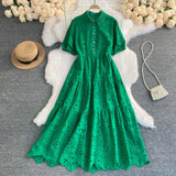 Version Dress Summer Lapel Hollowed-Out Embroidery Aging Bubble Sleeve Loose Medium And Long Bohemian Holiday Dress-Outfit