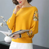 Embroidery Batwing Sleeve O-Neck Spring Sweaters Women Casual Loose Knitted Pullovers Large Size Knitwear Tops