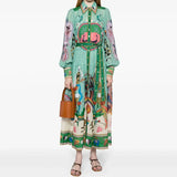 Fongt Women's New Retro Print Lantern Sleeve Waist Large Hem Dress