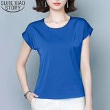 Women Blouse 2022 New Simple Solid Silk Shirts Elegant Women Loose Round Collar Short Sleeve Womens Clothing 9227