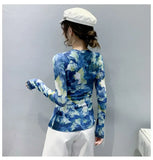 S-3XL Autumn Spring Full Sleeve O-Neck T-shirt Girls Solid Stretchy Printed Mesh TShirts Tops Women Tees-Outfit