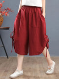 Pants Elastic Waist Large Drawstring Pocket Women's Summer Breeches Middle Waist Casual Solid Color Wide Leg Cropped
