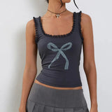 Girls Sexy Lace U-Collar Bow Printed Shoulder Strap Vest 2024 Tight And Thin Inner Halter Top-Outfit