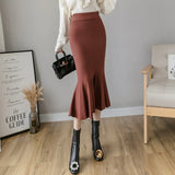 And Winter Elastic Slim Knitted Half-Body Skirt Medium-Long Korean Version High-Waisted Thin Fish Tail Buttocks A-Shaped Skirt-Outfit