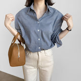 Fongt Version Of POL Collar Thin Striped Cotton Silk Shirt Woman 2025 New Broken Shoulder Long Sleeve Tuxedo
