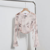 Solid Shot Tie Dyed Mesh Yarn Small Lequine Horn Long Sleeve Thin T-Shirt Drawstring With Short Repair Body Coat