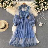 Industry Three-Dimensional Flower Net Gauze Temperament Standing Collar Lantern Sleeves High Waist Show Thin Sling Two Set Fairy Dress-Outfit