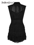 Patchwork Layered Ruffle Hem Dress For Women Turtleneck Sleeveless High Waist Solid Mini Dresses Female Summer