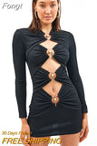 2023 Women's Pure Color Mini Tight Bandage Dress Full Sleeve Hollow Metal Ring Button Design Party Club Dress