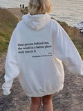 oversized kangaroo pocket hoodie with drawstring and letter