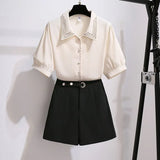 Women 2 Pieces Shorts Sets Summer Sweet Korean Bow Collar Tops And Shorts 2 Pieces Sets Women Clothing Two Pieces Outfits