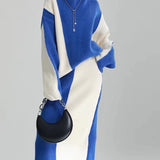 new knitted women thickened turtleneck color-blocked sweater skirt y2k Korean style lazy slim two-piece suit-Outfit