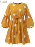 ZANZEA Women Polka Dots Printed Muslim Blouse Lace-Up Puff Sleeve Islamic Clothing Elagant Casual Dubai Marocain Turkish Tops 1028-0-Outfit