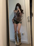 One Shoulder Graffiti Print T-shirts Summer Thin Mesh Long Sleeve Tees Y2k Slim Fit Irregular Drawstring Tops Women-Outfit