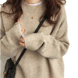 Fongt Women's Autumn Winter New Style With Lazy Wind Pure Color Sweater Loose Round Collar Thick Mixed Color Top Female-Outfit
