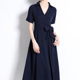 Fongt Fine-Cooked High-End Collar Short-Sleeved Long Dress Temperament Strap Solid Color To Close The Waist Sister Thin Women's Clothing