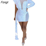 Sheer Mesh Patchwork Sequins Ribbon Mini Party Dress Women Sexy Mock Neck One Shoulder Long Sleeve Bodycon Club