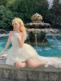 Sweet Strapless Dress for Women Summer New Slim Waist A-line Dresses Y2k Mesh Patchwork Fairycore Vestidos Mujer-Outfit