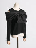 Fongt 2024 New Splice Bow Small Design Sense Black Long-Sleeved T-Shirt Female Careful Machine Off The Shoulder Coat-Outfit
