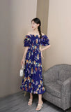 Fongt 2025 New French Holiday Collar Shoulder Short Sleeves To Show Thin Flowers Long Orange Truss Dress