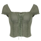 Fongt Lace-Up Green Short Sleeves And Front U-Collar T-Shirt 2023 New Slim Temperament Show White Coat Tide-Outfit
